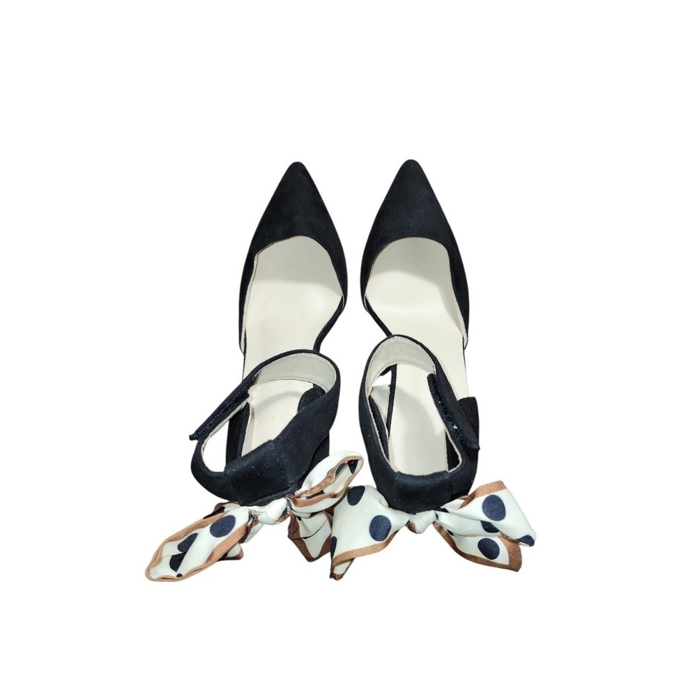 D'Orsay Pumps Women 40 Black Faux Suede Polka Dot Scarf Bow Stiletto Heels Chic - Picture 4 of 7